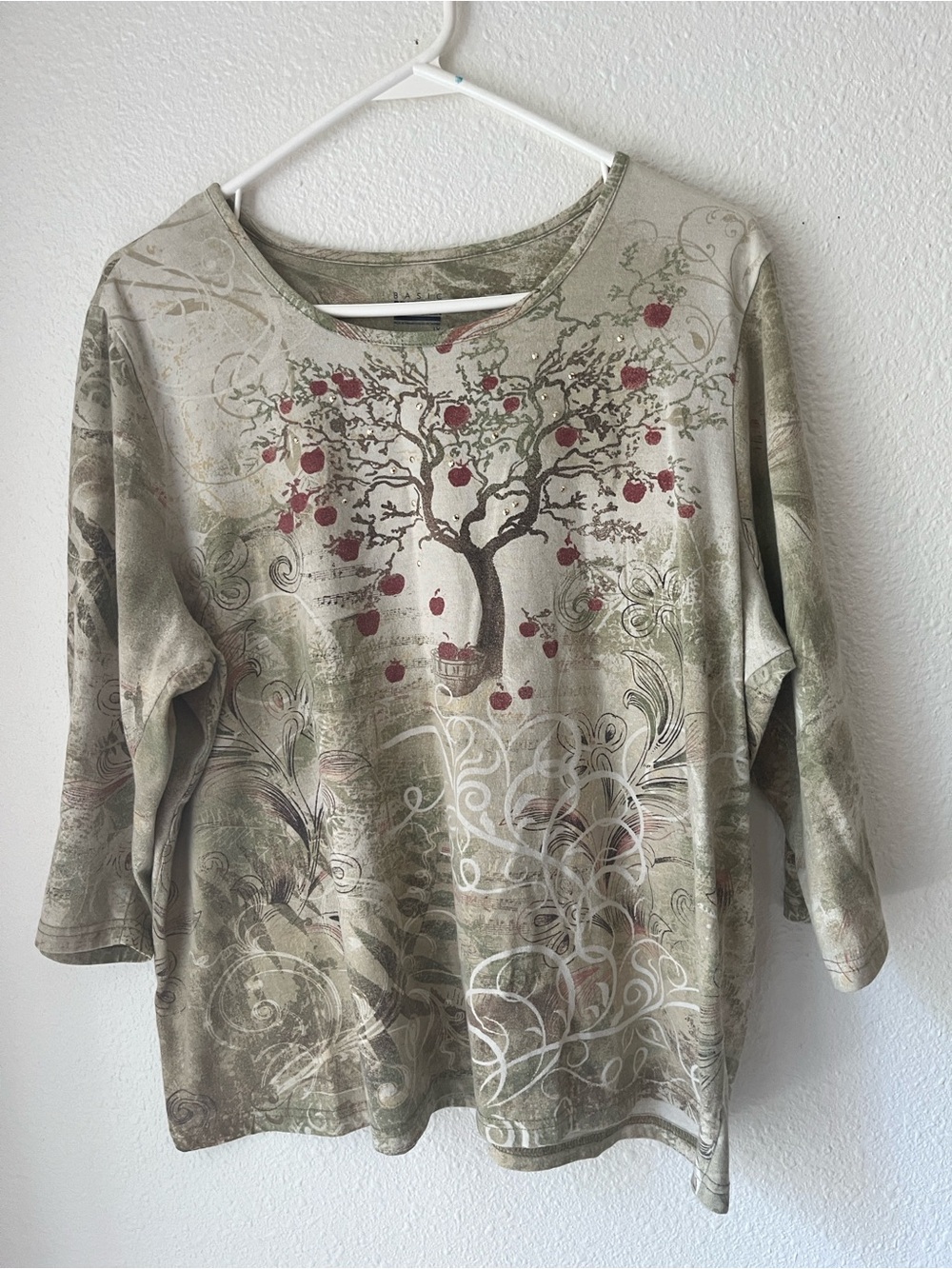 Basic Editions Olive Green Long Sleeve Tee with Red Tree Graphic